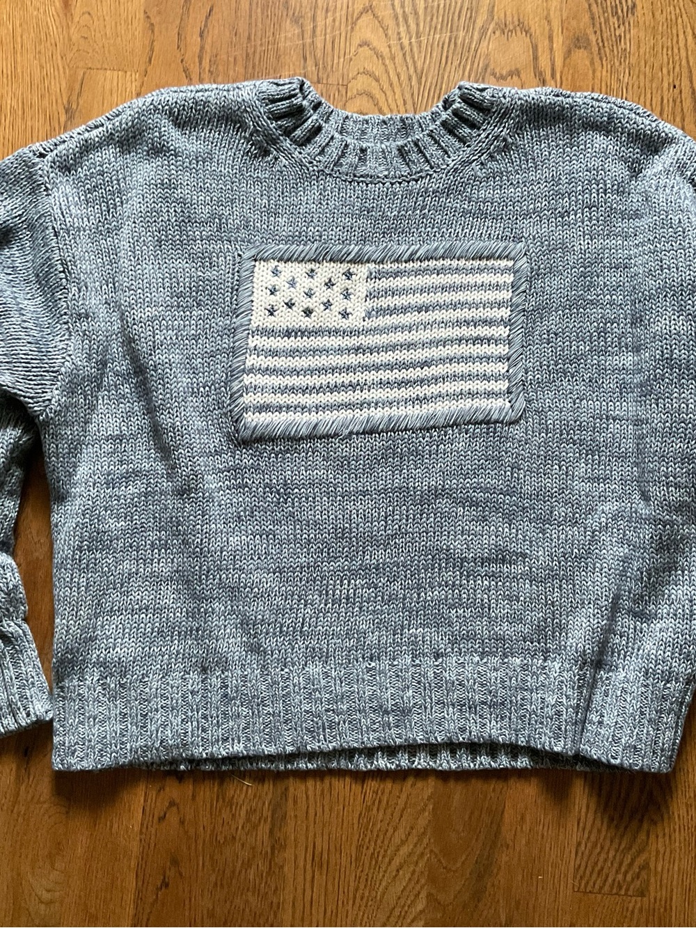 Marled Light Blue Crewneck Sweater with Cream Flag Patch